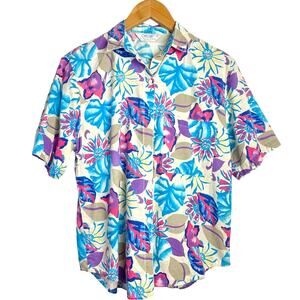 Cherokee Cotton Floral Button Down Shirt Blue and Purple Tropical Hawaiian
